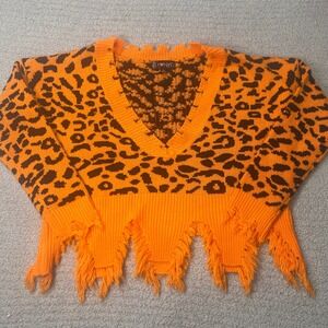 Lu‎ NYC Sweater Distressed Leopard M Orange Grunge Punk Streetwear Indie Sleaze